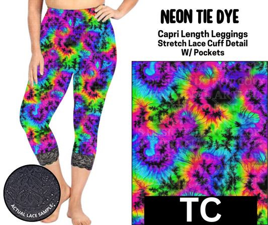 Neon Tie Dye Lace Cuff Capris w/ Pockets