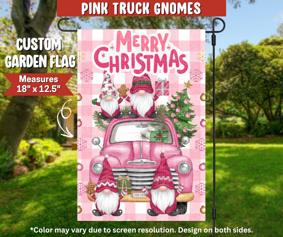 Pink Truck Gnomes Garden Flag