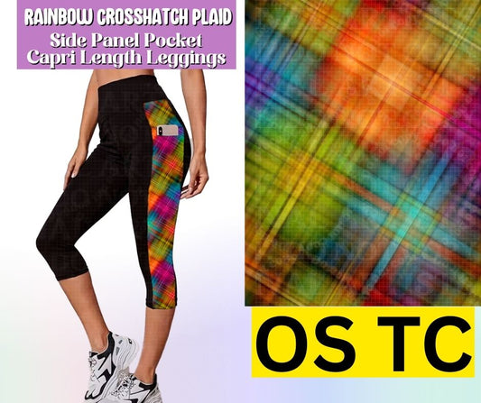 Rainbow Crosshatch Plaid Side Panel Pocket Capri Length Leggings