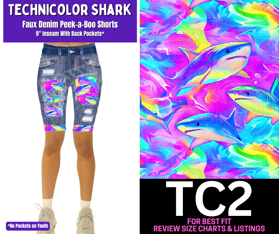 Technicolor Shark Faux Denim Peekaboo Jamaica Shorts