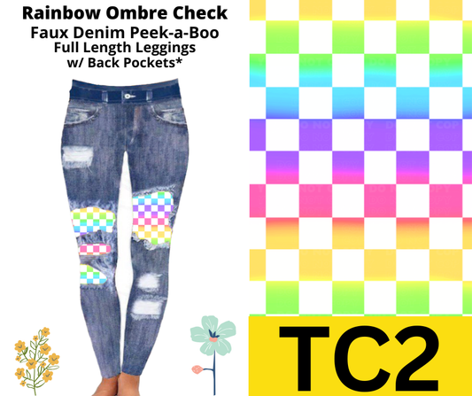 Rainbow Ombre Check Faux Denim Full Length Peekaboo Leggings