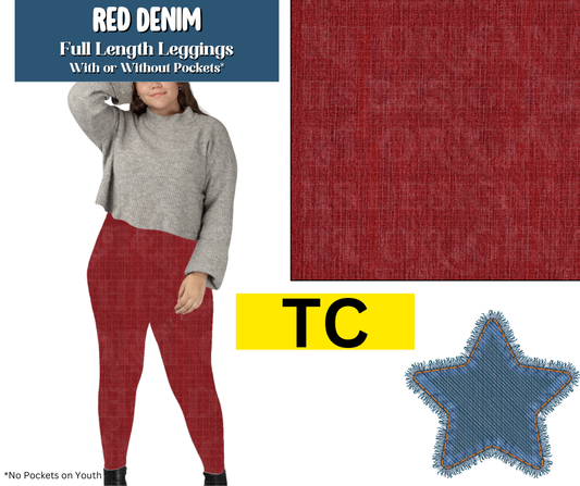 Red Denim Full Length Leggings w/ Pockets