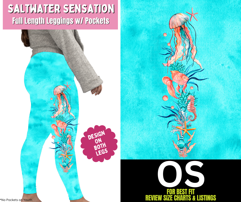 Saltwater Sensation Watercolor Full Length Leggings w/ Side Leg Designs