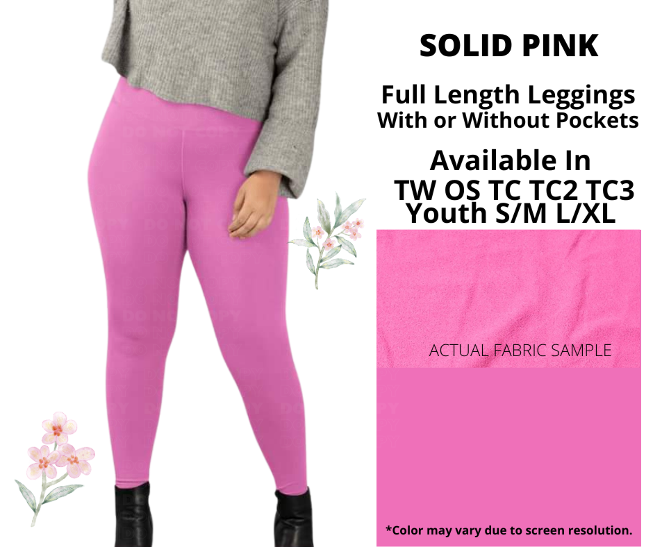 Preorder! Closes 1/12. ETA March. Solid Pink Full Length Leggings w/wo Pockets