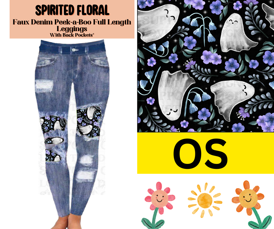 Spirited Floral Faux Denim Full Length Peekaboo Leggings