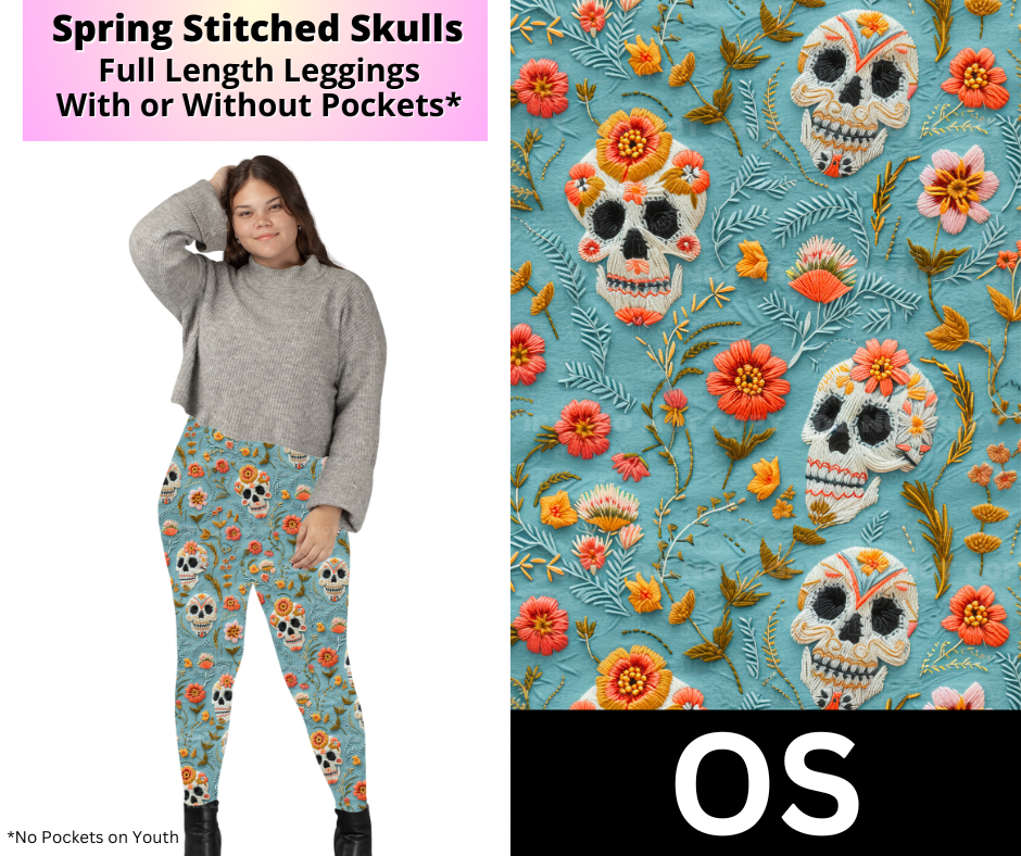 Spring Stitched Skulls Full Length Leggings w/ Pockets