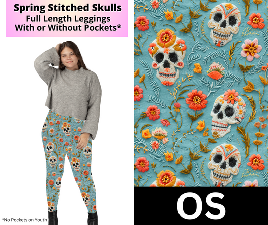 Spring Stitched Skulls Full Length Leggings w/ Pockets