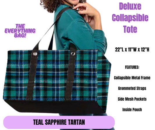 Teal Sapphire Tartan Collapsible Tote