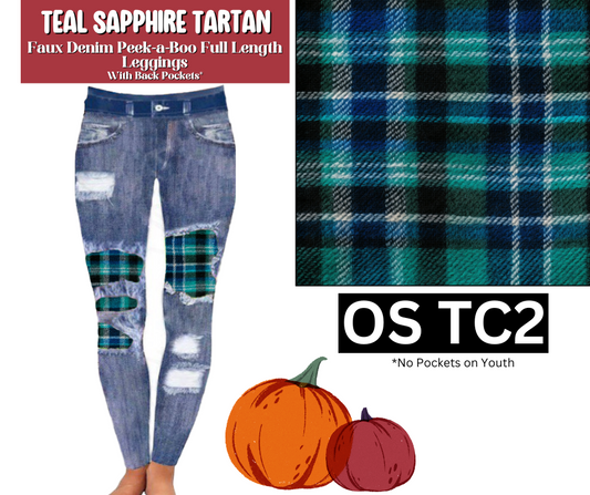 Teal Sapphire Tartan Faux Denim Full Length Peekaboo Leggings