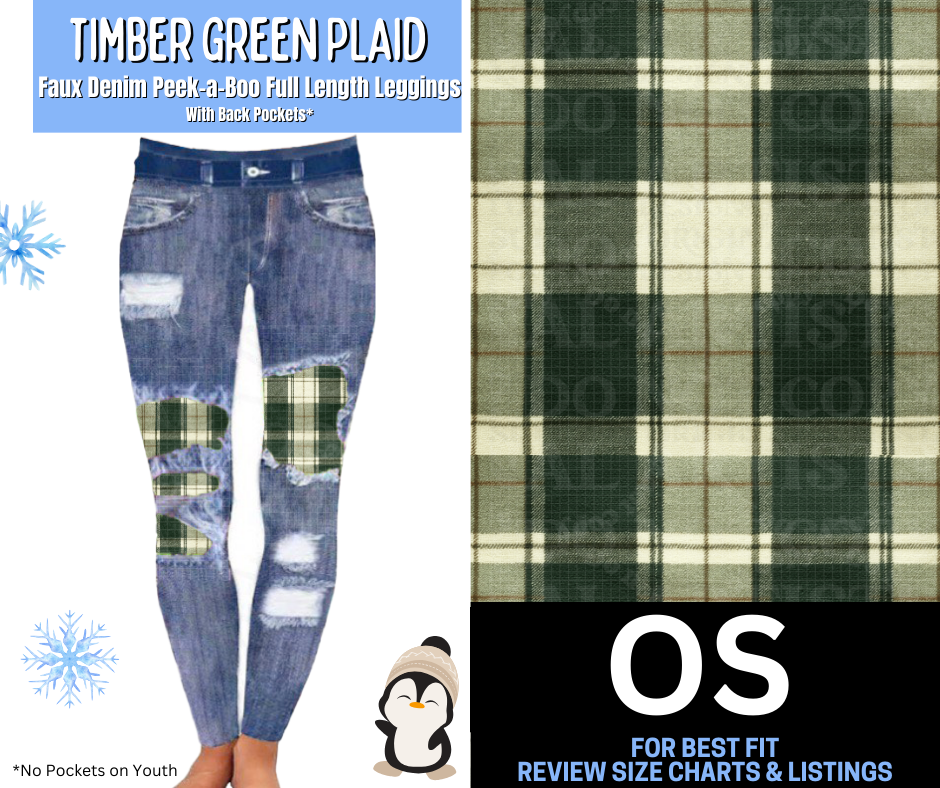 Timber Green Plaid Faux Denim Full Length Peekaboo Leggings