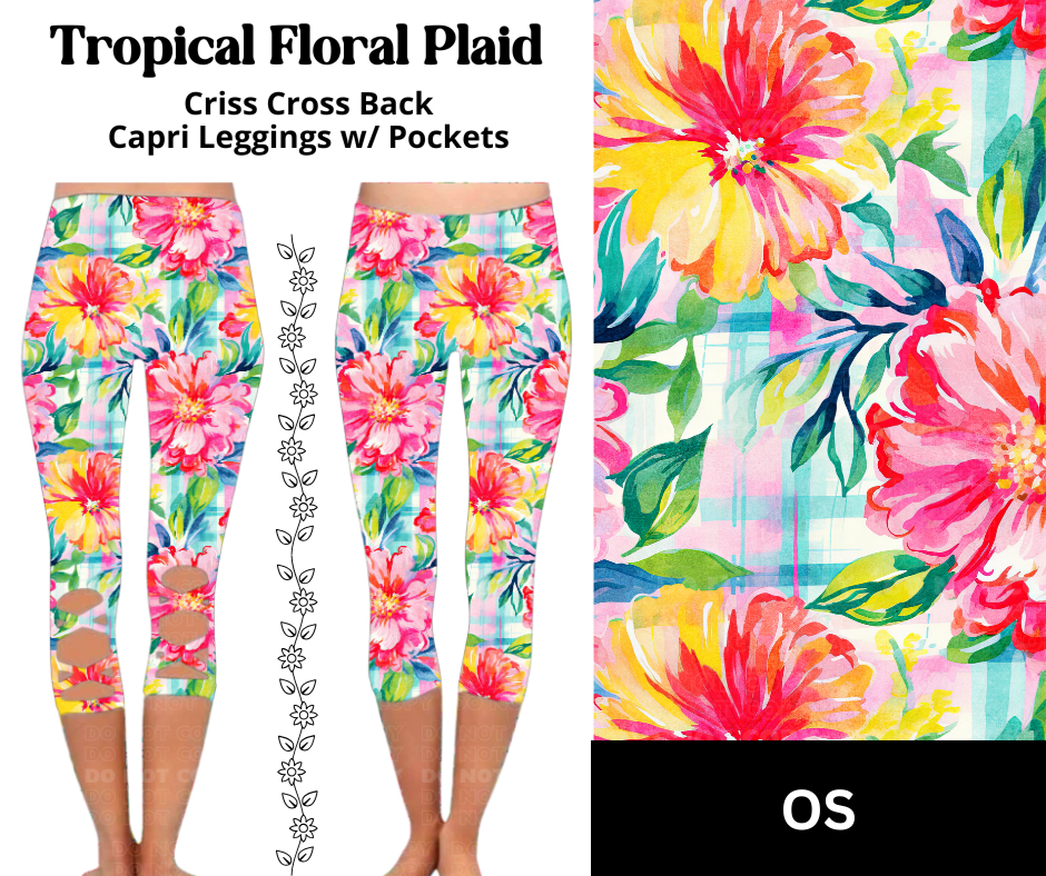 Tropical Floral Plaid Criss Cross Capri w/ Pockets