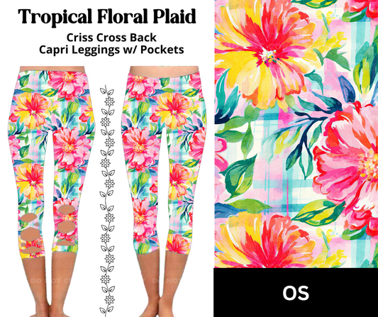 Tropical Floral Plaid Criss Cross Capri w/ Pockets