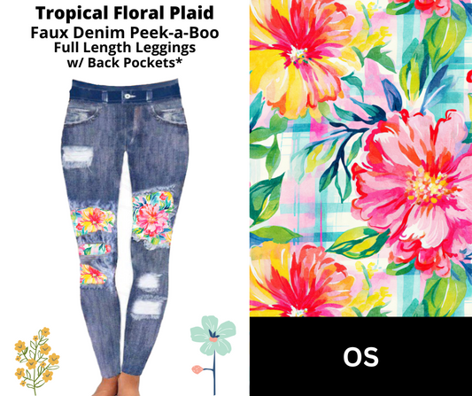 Tropical Floral Plaid Faux Denim Full Length Peekaboo Leggings