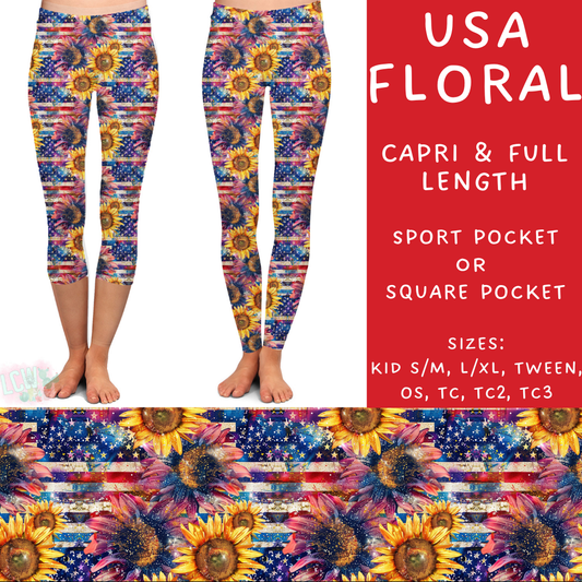 Ready To Ship - USA Floral Capri Length Leggings - Sport Pocket OS