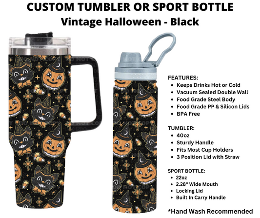 Vintage Halloween Black Custom Tumbler or Sport Bottle