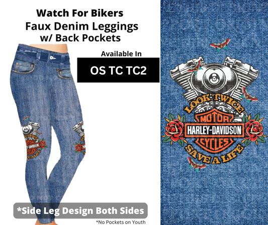 Watch For Bikers Full Length Faux Denim w/ Side Leg Designs