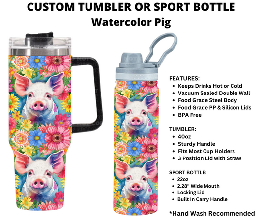 Watercolor Pigs Custom Tumbler or Sport Bottle