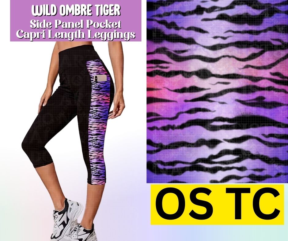 White Ombre Tiger Side Panel Pocket Capri Length Leggings