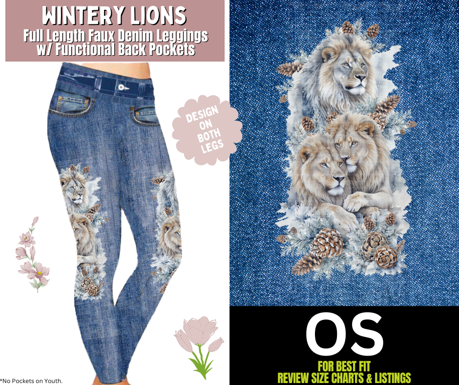 Wintery Lions Full Length Faux Denim w/ Side Leg Designs