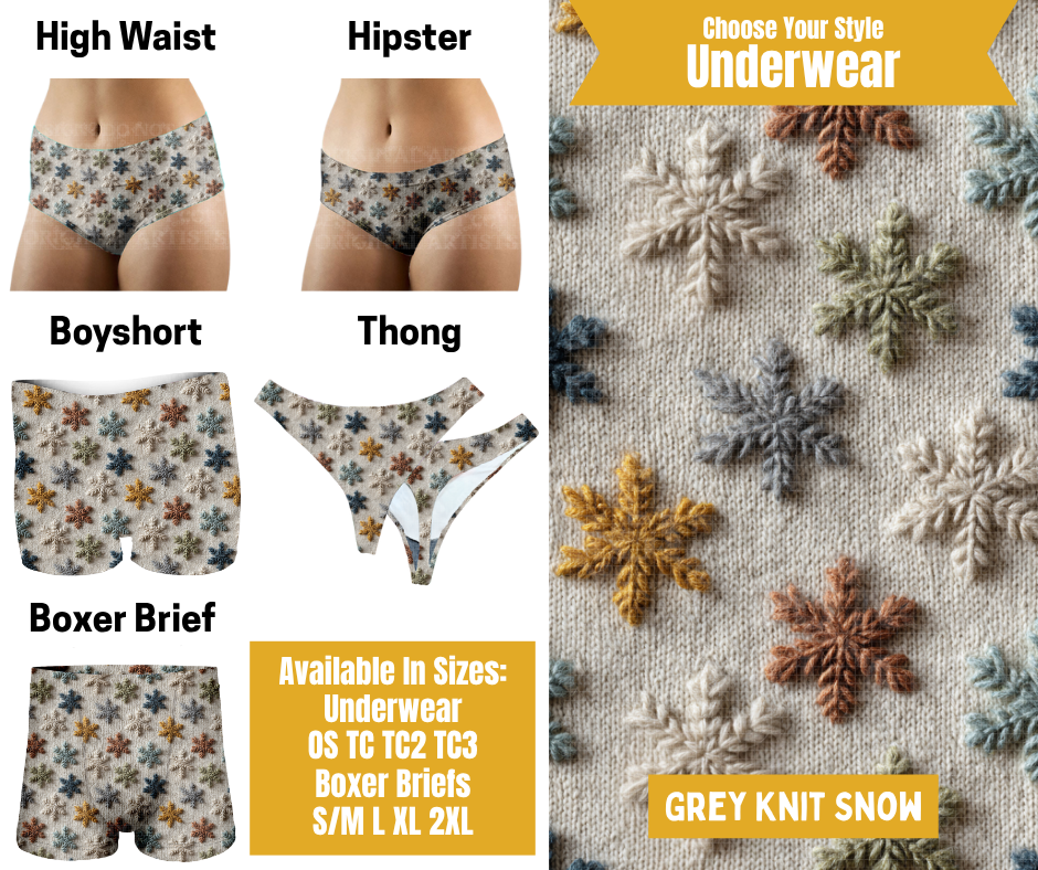 Preorder! Closes 10/28. ETA Jan. Grey Knit Snow Hipster, High Waist, Boyshort, & Thong Underwear & Boxer Briefs