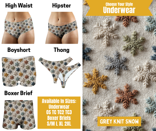 Preorder! Closes 10/28. ETA Jan. Grey Knit Snow Hipster, High Waist, Boyshort, & Thong Underwear & Boxer Briefs