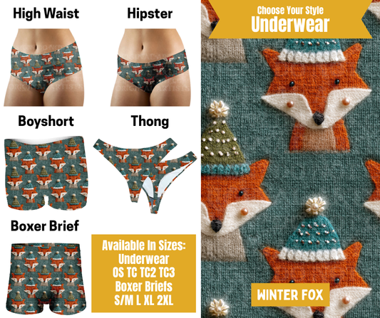 Preorder! Closes 10/28. ETA Jan. Winter Fox Hipster, High Waist, Boyshort, & Thong Underwear & Boxer Briefs