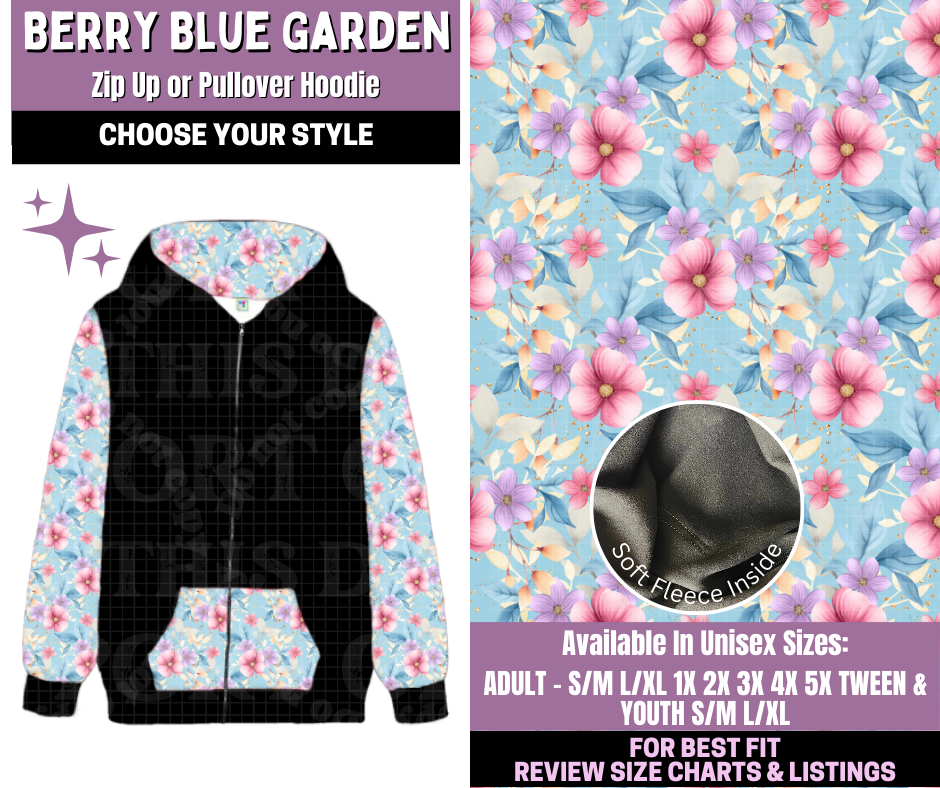 Preorder! Closes 1/14. ETA April. Berry Blue Garden Zip-Up or Pullover Hoodie
