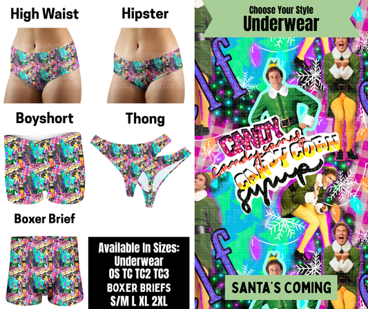 Preorder! Closes 8/25. ETA Nov. Santa's Coming Hipster, High Waist, Boyshort, & Thong Underwear & Boxer Briefs