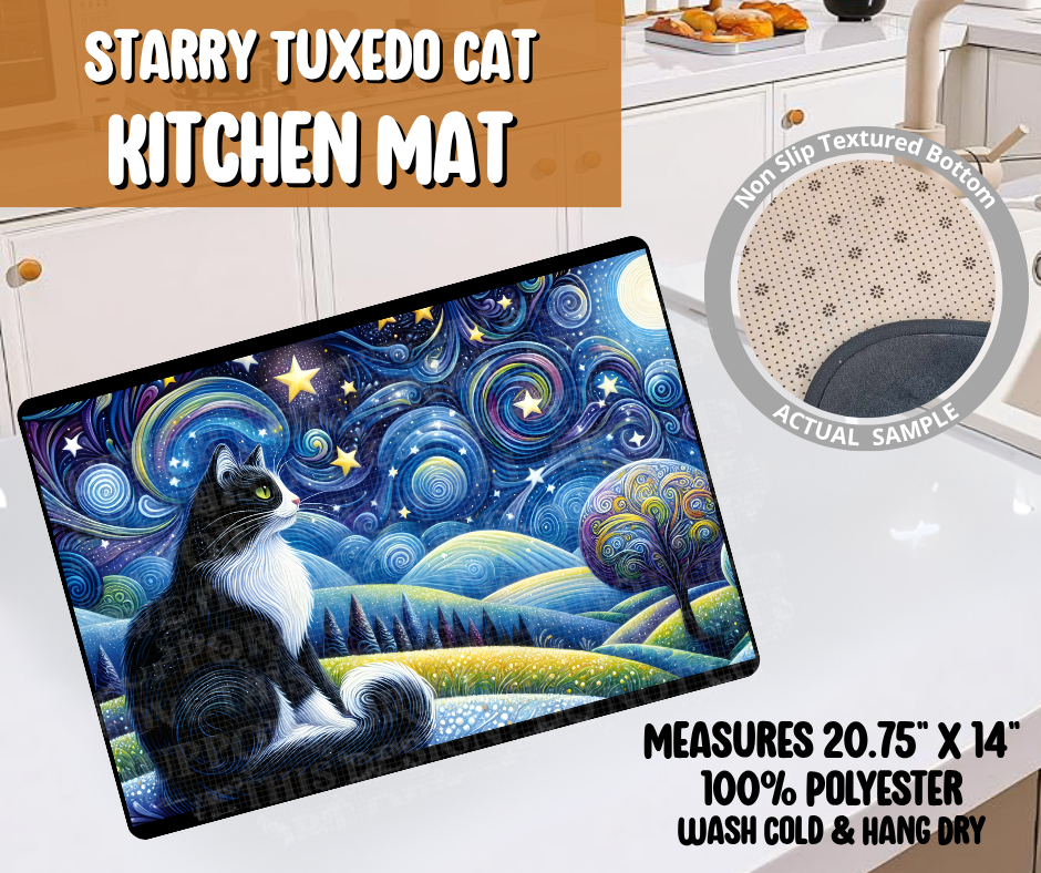 Preorder! Closes 6/8. ETA Sept. Starry Tuxedo Cat Kitchen Mat