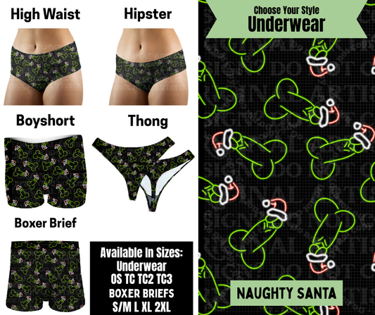 Preorder! Closes 8/25. ETA Nov. Naughty Santa Hipster, High Waist, Boyshort, & Thong Underwear & Boxer Briefs