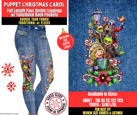 Preorder! Closes 8/27. ETA Nov. Puppet Christmas Carol Faux Denim Leggings w/ Side Leg Designs Choose Fleece or Traditional