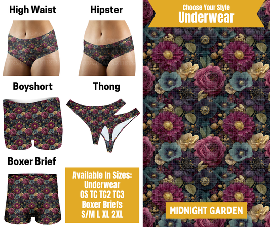 Preorder! Closes 10/28. ETA Jan. Midnight Garden Hipster, High Waist, Boyshort, & Thong Underwear & Boxer Briefs