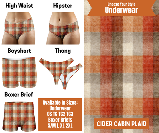 Preorder! Closes 7/30. ETA Oct. Cider Cabin Plaid Hipster, High Waist, Boyshort, & Thong Underwear & Boxer Briefs