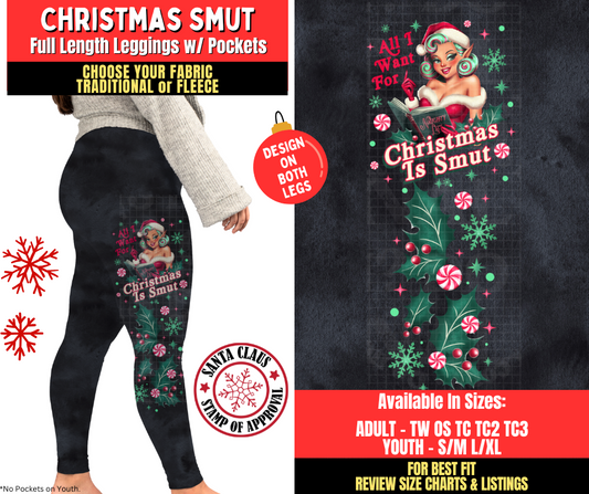 Preorder! Closes 8/27. ETA Nov. Christmas Smut Watercolor Leggings w/ Side Leg Designs Choose Fleece or Traditional