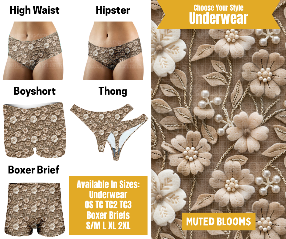 Preorder! Closes 10/28. ETA Jan. Muted Blooms Hipster, High Waist, Boyshort, & Thong Underwear & Boxer Briefs