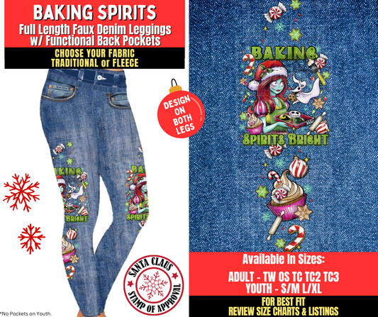 Preorder! Closes 8/27. ETA Nov. Baking Spirits Faux Denim Leggings w/ Side Leg Designs Choose Fleece or Traditional