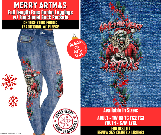 Preorder! Closes 8/27. ETA Nov. Merry Artmas Faux Denim Leggings w/ Side Leg Designs Choose Fleece or Traditional
