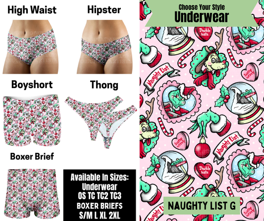 Preorder! Closes 8/25. ETA Nov. Naughty List G Hipster, High Waist, Boyshort, & Thong Underwear & Boxer Briefs