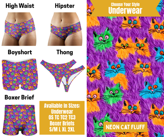 Preorder! Closes 10/28. ETA Jan. Neon Cat Fluff Hipster, High Waist, Boyshort, & Thong Underwear & Boxer Briefs