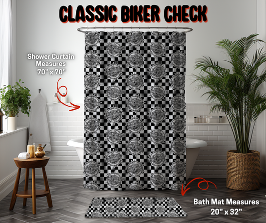Preorder! Closes 9/8. ETA Dec. Classic Biker Check Custom Shower Curtain and/or Bath Mat