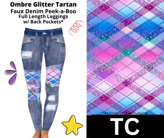Ombre Glitter Tartan Faux Denim Full Length Peekaboo Leggings