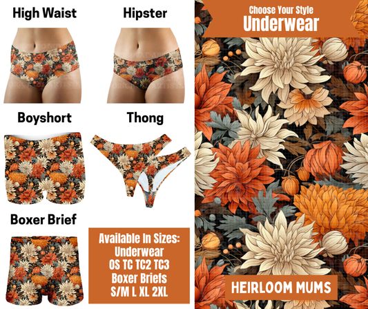 Preorder! Closes 7/30. ETA Oct. Heirloom Mums Hipster, High Waist, Boyshort, & Thong Underwear & Boxer Briefs