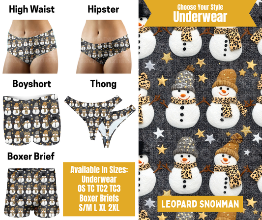 Preorder! Closes 10/28. ETA Jan. Leopard Snowman Hipster, High Waist, Boyshort, & Thong Underwear & Boxer Briefs