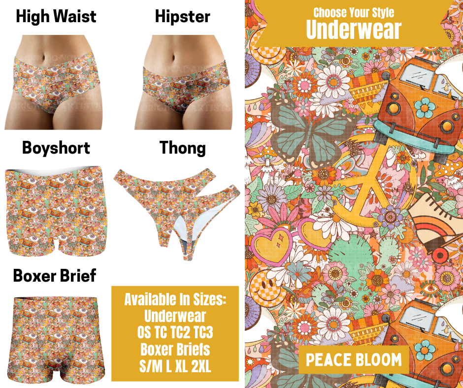Preorder! Closes 10/28. ETA Jan. Peace Bloom Hipster, High Waist, Boyshort, & Thong Underwear & Boxer Briefs
