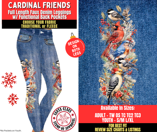 Preorder! Closes 8/27. ETA Nov. Cardinal Friends Faux Denim Leggings w/ Side Leg Designs Choose Fleece or Traditional