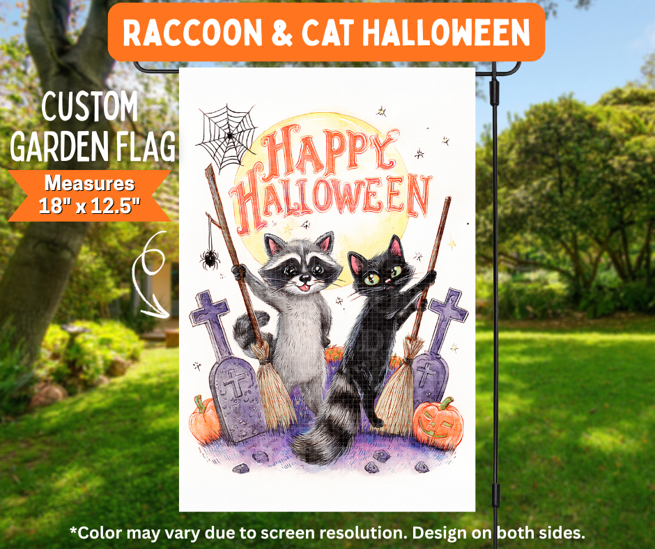 Preorder! Closes 7/6. ETA Oct. Raccoon & Cat Halloween Garden Flag