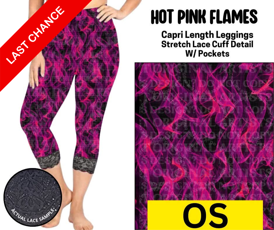 Hot Pink Flames Lace Cuff Capris w/ Pockets