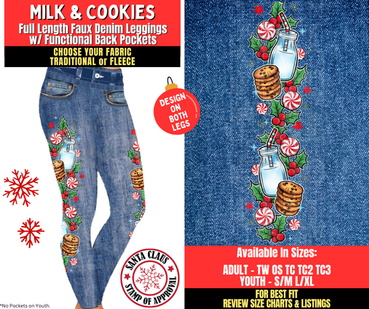 Preorder! Closes 8/27. ETA Nov. Milk & Cookies Faux Denim Leggings w/ Side Leg Designs Choose Fleece or Traditional
