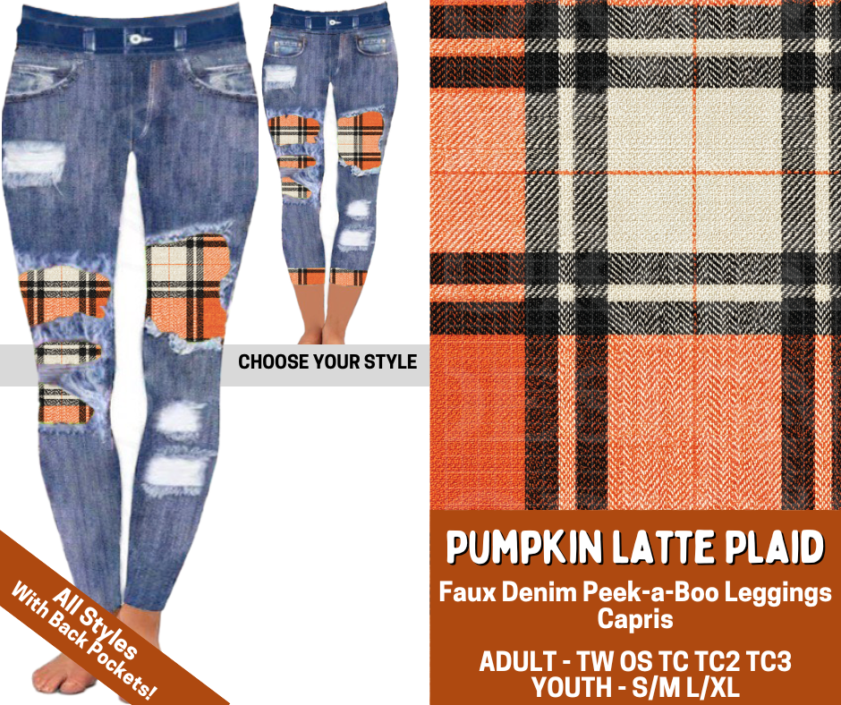 Preorder! Closes 7/13. ETA Oct. Pumpkin Latte Plaid Combo Faux Denim Peekaboo Legging Lengths