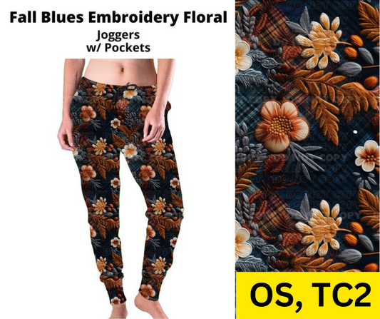 Fall Blues Embroidery Floral Joggers